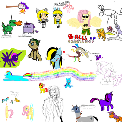 Size: 2000x2000 | Tagged: safe, apple bloom, discord, fluttershy, rainbow dash, rarity, trixie, twilight sparkle, earth pony, pegasus, pony, unicorn, g4, bubbles (powerpuff girls), campfire, different artist, female, filly, gumdrop pony, high res, mare, marshmallow, ms paint, pinecone, portal, rainbow, rarity is a marshmallow, stylistic suck, the powerpuff girls