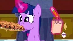 Size: 640x360 | Tagged: safe, edit, edited screencap, screencap, twilight sparkle, a canterlot wedding, g4, food, hub logo, not porn, sandwich, sandwich censorship