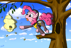 Size: 1412x967 | Tagged: safe, artist:junkiekb, pinkie pie, bee, g4, beehive, costume, hive, honey, this will end in bees, this will end in pain, this will end in tears