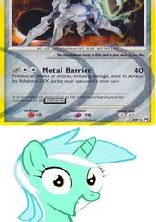 Size: 730x1045 | Tagged: safe, lyra heartstrings, arceus, pony, unicorn, g4, female, grin, hand, mare, meme, pokemon trading card game, pokémon, smiling, that pony sure does love hands