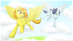 Size: 2444x1400 | Tagged: safe, artist:inuhoshi-to-darkpen, soarin', spitfire, pegasus, pony, g4, alternate hairstyle, duo, female, flying, looking back, male, mare, racing, stallion