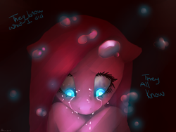 Size: 800x600 | Tagged: safe, artist:misspinkamena, pinkie pie, earth pony, pony, g4, crying, female, glowing, glowing eyes, miss pinkamena, pinkamena diane pie, sad, solo