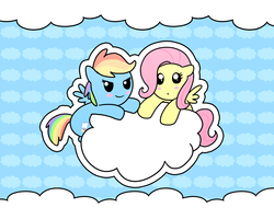 Size: 1280x1024 | Tagged: safe, artist:madmax, fluttershy, rainbow dash, g4, cloud, cute, dashabetes, shyabetes