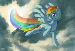 Size: 699x472 | Tagged: safe, artist:pinali, rainbow dash, pony, g4, backlighting, cloud, cloudy, female, flying, mare, overcast, solo