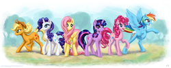 Size: 2500x1000 | Tagged: safe, artist:kp-shadowsquirrel, applejack, fluttershy, pinkie pie, rainbow dash, rarity, twilight sparkle, g4, mane six