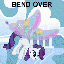 Size: 500x500 | Tagged: safe, edit, edited screencap, screencap, rarity, pony, g4, season 1, sonic rainboom (episode), animated, bend over, cropped, female, glimmer wings, image macro, solo, talking