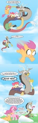 Size: 700x2256 | Tagged: safe, artist:peachiekeenie, apple bloom, discord, ruby pinch, scootaloo, sweetie belle, g4, comic, cutie mark crusaders, marshmallow, scared, scootabuse, scootaloo can't fly