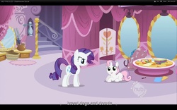 Size: 1680x1050 | Tagged: safe, screencap, rarity, sweetie belle, pony, unicorn, g4, sisterhooves social, belle sisters, female, filly, foal, horn, hub logo, mare, siblings, sisters, youtube caption