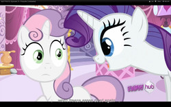 Size: 1680x1050 | Tagged: safe, screencap, rarity, sweetie belle, g4, my little pony: friendship is magic, ponyville confidential, youtube caption