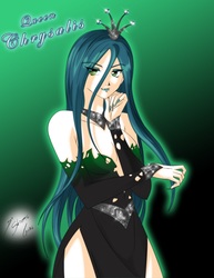 Size: 3052x3951 | Tagged: safe, artist:shinta-girl, queen chrysalis, human, g4, breasts, busty queen chrysalis, clothes, dress, female, gradient background, high res, humanized, solo