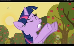 Size: 1680x1050 | Tagged: safe, screencap, twilight sparkle, pony, unicorn, g4, my little pony: friendship is magic, over a barrel, ei, eyes closed, female, horn, hub logo, mare, unicorn twilight, youtube caption