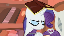 Size: 630x352 | Tagged: safe, screencap, rarity, pony, unicorn, g4, look before you sleep, my little pony: friendship is magic, book, ei, female, golden oaks library, hub logo, mare, solo, youtube caption