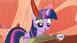 Size: 634x352 | Tagged: safe, screencap, twilight sparkle, g4, look before you sleep, my little pony: friendship is magic, ei, golden oaks library, hub logo, youtube caption