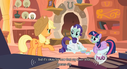 Size: 632x344 | Tagged: safe, screencap, applejack, rarity, twilight sparkle, g4, look before you sleep, my little pony: friendship is magic, ei, golden oaks library, hub logo, youtube caption