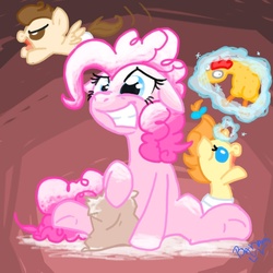 Size: 800x800 | Tagged: safe, artist:banami-luv, pinkie pie, pound cake, pumpkin cake, g4, flour, rubber chicken