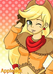 Size: 1500x2100 | Tagged: safe, artist:lady-banigaru, applejack, human, g4, female, humanized, solo, wink