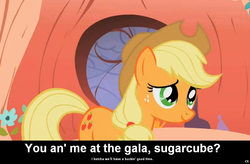 Size: 1024x672 | Tagged: safe, applejack, earth pony, pony, g4, bronybait, caption, cs captions, female, gala invitation, grand galloping gala, mare, solo