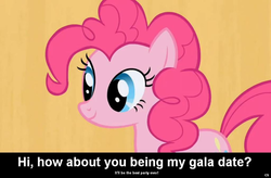 Size: 1024x672 | Tagged: safe, edit, edited screencap, screencap, pinkie pie, earth pony, pony, g4, griffon the brush off, my little pony: friendship is magic, season 1, bronybait, caption, cs captions, date, female, gala invitation, grand galloping gala, love, mare, solo