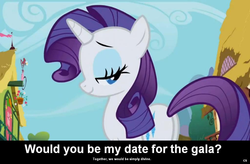 Size: 1024x672 | Tagged: safe, rarity, pony, unicorn, g4, bedroom eyes, bronybait, caption, cs captions, female, gala invitation, grand galloping gala, looking at you, looking back, mare, ponyville, solo