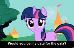 Size: 1022x672 | Tagged: safe, twilight sparkle, pony, unicorn, g4, bronybait, caption, cs captions, female, flag, gala invitation, grand galloping gala, looking at you, mare, solo, tent, tree, unicorn twilight