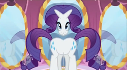 Size: 638x356 | Tagged: safe, edit, edited screencap, screencap, rarity, pony, friendship is magic, g4, my little pony: friendship is magic, carousel boutique, hub logo, mirrored, solo, unitinu