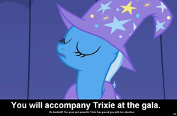 Size: 1024x672 | Tagged: safe, trixie, pony, unicorn, g4, bronybait, cape, caption, clothes, cs captions, female, gala invitation, grand galloping gala, hat, mare, solo, wizard hat