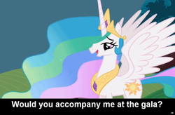 Size: 1024x672 | Tagged: safe, princess celestia, pony, g4, bronybait, caption, cs captions, female, gala invitation, grand galloping gala, solo