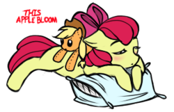 Size: 305x196 | Tagged: safe, artist:nessia, apple bloom, applejack, earth pony, pony, g4, blushing, female, filly, foal, pillow, plushie, simple background, sleeping, solo, text, this apple bloom, transparent background