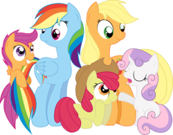 Size: 4573x3562 | Tagged: safe, artist:nazoth, apple bloom, applejack, rainbow dash, scootaloo, sweetie belle, earth pony, pegasus, pony, unicorn, g4, cutie mark crusaders, eyes closed, female, filly, hat, mare, open mouth, simple background, transparent background