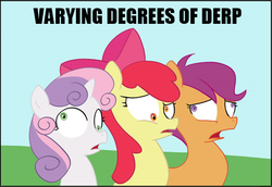 Size: 504x346 | Tagged: safe, apple bloom, scootaloo, sweetie belle, g4, cutie mark crusaders, derp, image macro