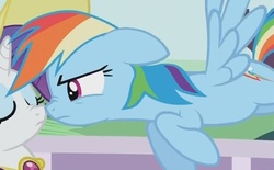 Size: 640x397 | Tagged: safe, screencap, rainbow dash, rarity, pony, g4, sweet and elite, boop, imminent kissing, scrunchy face