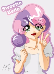 Size: 2550x3480 | Tagged: safe, artist:shinta-girl, sweetie belle, human, g4, clothes, female, high res, humanized, peace sign, solo
