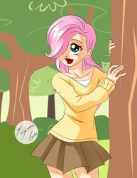 Size: 2528x3276 | Tagged: safe, artist:shinta-girl, fluttershy, human, g4, child, clothes, high res, humanized, skirt, sweater, sweatershy, young