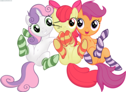 Size: 7275x5318 | Tagged: dead source, safe, artist:illuminatiums, apple bloom, scootaloo, sweetie belle, earth pony, pony, unicorn, g4, absurd resolution, adorabloom, armpits, belly button, butt, chest fluff, clothes, cute, cutealoo, cutie mark crusaders, diasweetes, female, filly, hooves, implied foalcon, on back, plot, simple background, socks, striped socks, transparent background