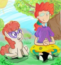 Size: 5100x5400 | Tagged: safe, artist:skatoonist, twist, g4, absurd resolution, crossover, glasses, pepper ann, sitting, sun, tree