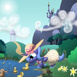 Size: 1200x1200 | Tagged: safe, artist:cgeta, princess luna, duck, pony, g4, canterlot, clothes, cute, dress, filly, hat, pond, water, woona