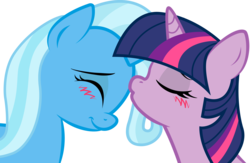 Size: 2231x1455 | Tagged: safe, artist:kennyklent, trixie, twilight sparkle, pony, unicorn, g4, blushing, duo, female, kissing, lesbian, mare, ship:twixie, shipping, simple background, transparent background, unicorn twilight, vector