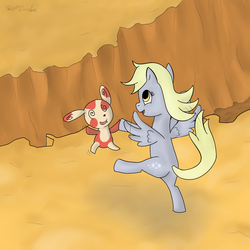 Size: 1000x1000 | Tagged: safe, artist:rodolfomushi, derpy hooves, pegasus, pony, spinda, g4, dancing, description in comments, duo, female, mare, pokémon