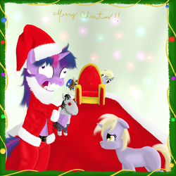 Size: 1100x1100 | Tagged: safe, artist:rodolfomushi, derpy hooves, dinky hooves, smarty pants, twilight sparkle, pegasus, pony, unicorn, g4, female, i am an adult, insanity, mare, police, police pony, santa claus, stranger danger, twilight snapple, unicorn twilight