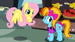 Size: 1000x563 | Tagged: safe, artist:from-yesterday-xx, fluttershy, rainbow dash, turf, pegasus, pony, g4, putting your hoof down, animated, apple, banana, disguise, double life, duo, female, flying, frown, market, nervous, nose wrinkle, not sure, rainbow dash always dresses in style, raised eyebrow, scrunchy face, seems legit, shifty eyes, suspicious, thinking