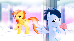 Size: 1366x768 | Tagged: safe, artist:realider, soarin', spitfire, pegasus, pony, g4, blushing, cloud, cloudsdale, cloudy, column, duo, female, heart, hearts and hooves day cards, lidded eyes, male, mouth hold, ship:soarinfire, shipping, spread wings, straight, valentine, valentine's day card, wingboner, wings