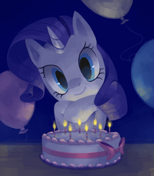 Size: 682x781 | Tagged: dead source, safe, artist:reuniclus, rarity, pony, unicorn, g4, balloon, birthday, cake, candle, cute, female, looking at you, mare, raribetes, smiling, solo