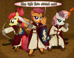 Size: 1280x1001 | Tagged: dead source, safe, artist:dcencia, apple bloom, scootaloo, sweetie belle, earth pony, pony, g4, archer, christianity, cross, crusader, crusaders relics, cutie mark crusaders, fantasy class, knight, knights of the nine, mage, oblivion, paladin, reference, religious headcanon, stop right there criminal scum, the elder scrolls, trio, warrior