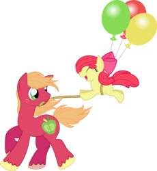 Size: 2604x2827 | Tagged: safe, artist:nazoth, apple bloom, big macintosh, earth pony, pony, g4, balloon, bbbff, brother and sister, cute, female, high res, male, missing accessory, playing, rope, simple background, stallion, towing, transparent background