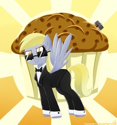 Size: 877x943 | Tagged: safe, artist:frankier77, derpy hooves, pegasus, pony, g4, clothes, female, giant muffin, mare, muffin, sunglasses, tuxedo