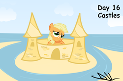 Size: 3481x2277 | Tagged: safe, artist:sintakhra, applejack, earth pony, pony, g4, beach, female, filly, high res, sandcastle, solo