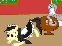 Size: 1024x768 | Tagged: safe, artist:th8827, princess celestia, oc, princess molestia, g4, cake, clothes, fork, hoodie, maid