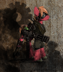 Size: 800x900 | Tagged: safe, artist:nastylady, big macintosh, earth pony, pony, g4, abstract background, clothes, goggles, gun, male, minigun, solo, stallion, steampunk, weapon