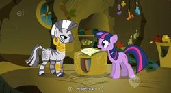 Size: 848x465 | Tagged: safe, screencap, twilight sparkle, zecora, pony, unicorn, zebra, bridle gossip, g4, ei, hub logo, logo, male, superman, the hub, twilight flopple, unicorn twilight, youtube caption