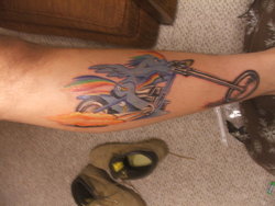 Size: 1024x768 | Tagged: safe, artist:baron engel, rainbow dash, human, g4, irl, motorcycle, photo, tattoo